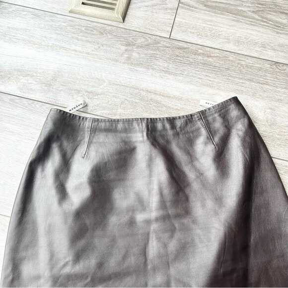 Peter Nygard Brown Buttery Leather Laser Cutout Hem Midi Skirt - Picture 2 of 13